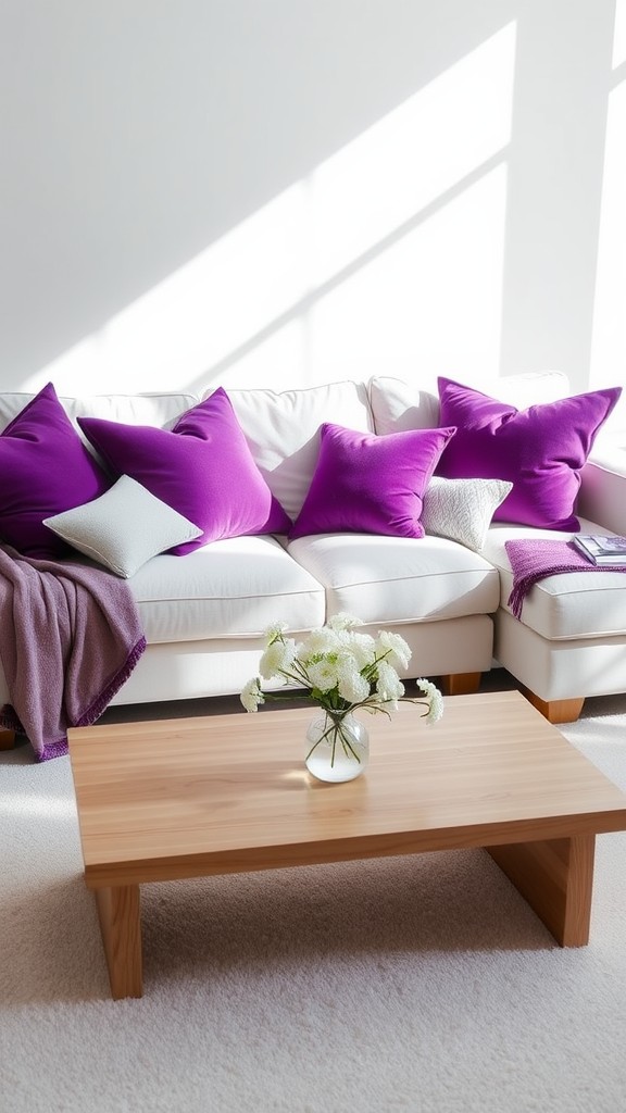 Purple Cushions on White Upholstered Furniture