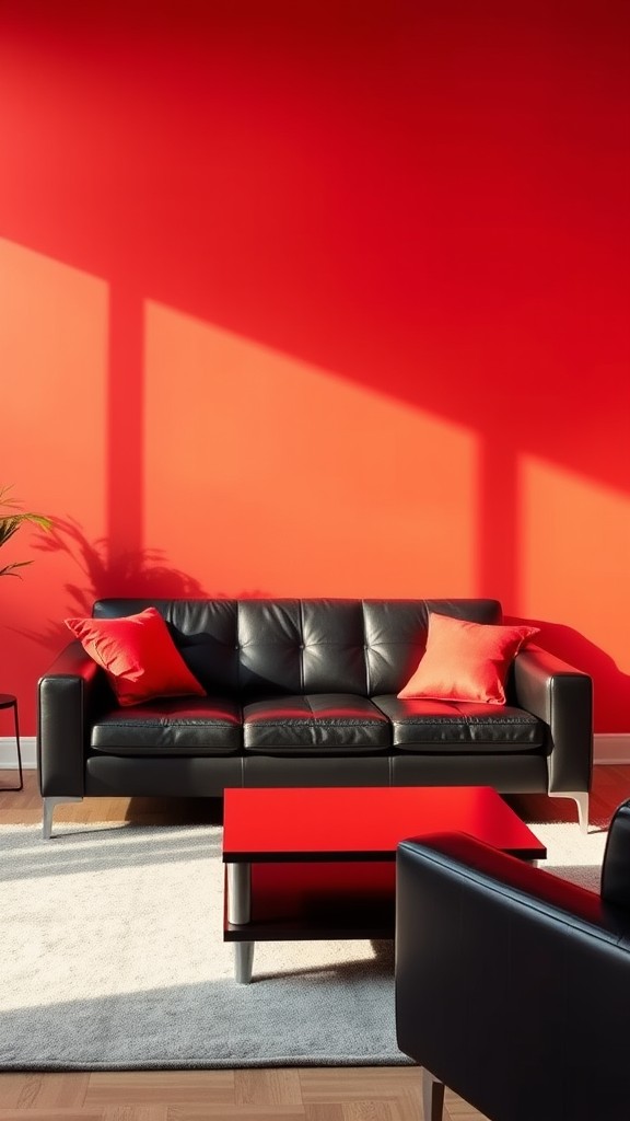 Red Accent Wall with Black Furniture