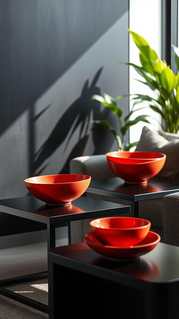 Red Decorative Bowls on Black Side Tables