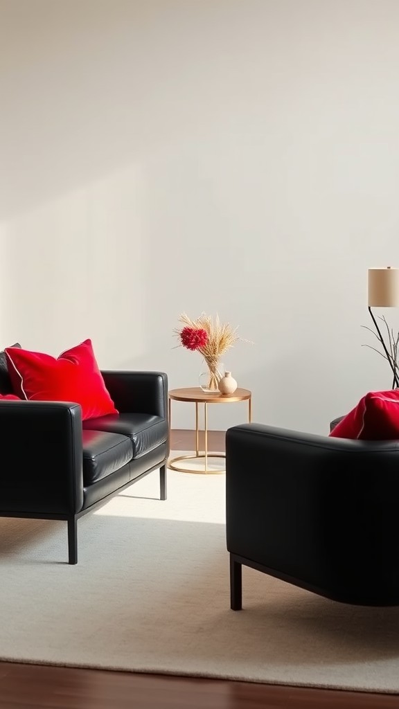 Red Decorative Cushions on Black Armchairs