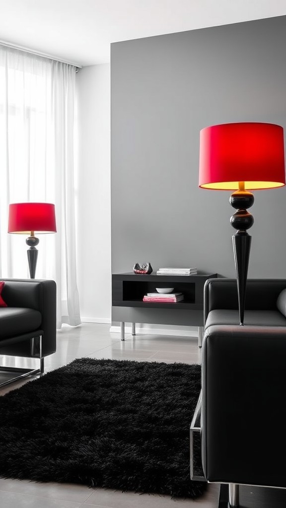 Red Lamp Shades on Black Lamp Stands