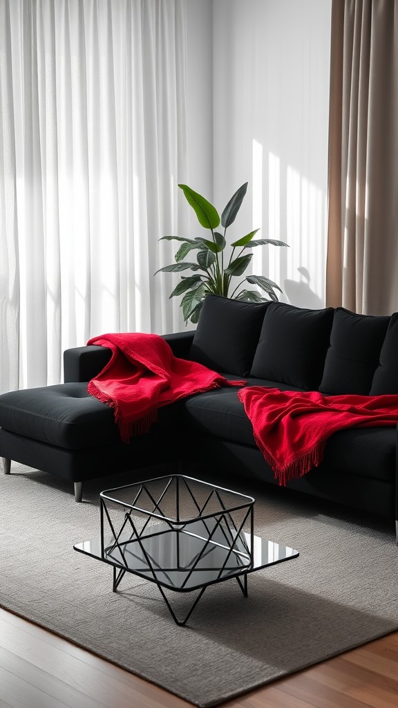 Red Throws on Black Sectional Couch