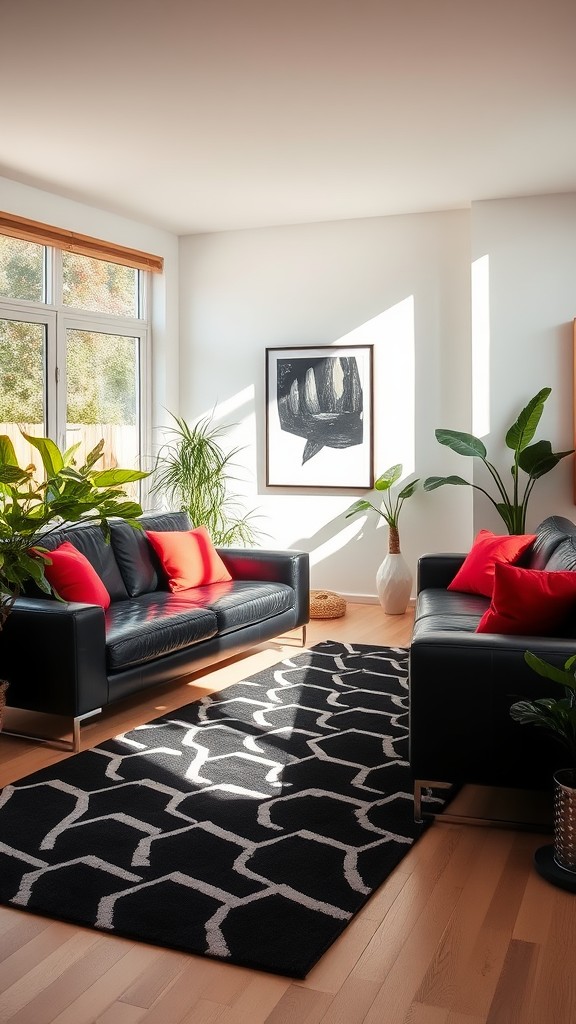 Statement Black Sofa with Red Accent Pillows