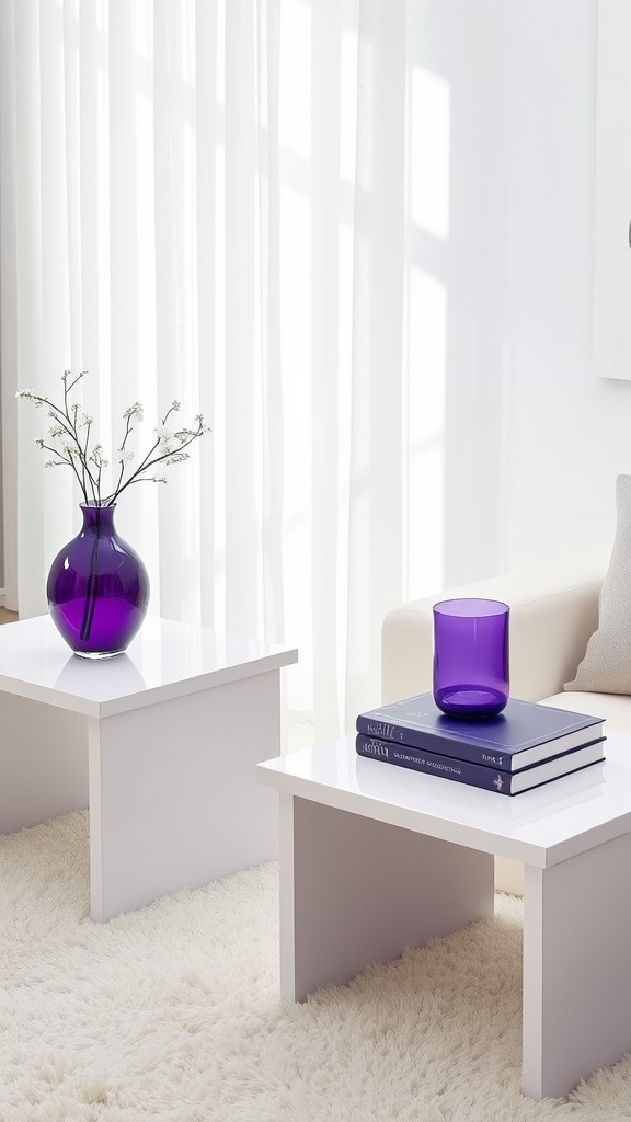 Stylish White Side Tables with Purple Accessories