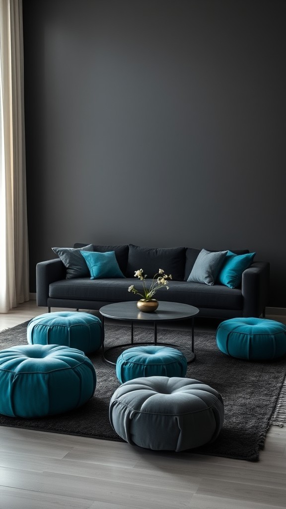 Teal-colored Poufs in a Black Room