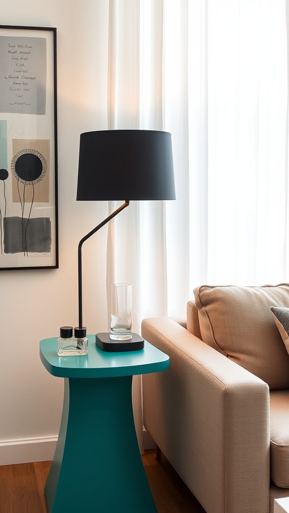 Teal Side Table with Black Lamp