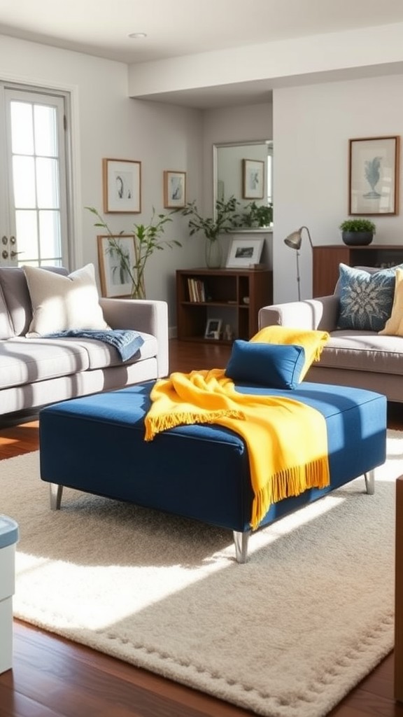 Upholstered Ottoman in Blue and Yellow