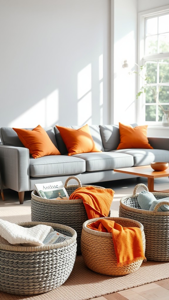 Utilize Gray and Orange Woven Baskets for Storage