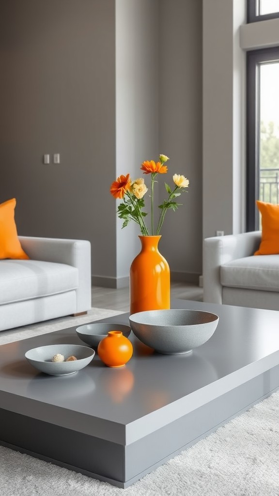 Utilize Orange Vases with Gray Decorative Bowls