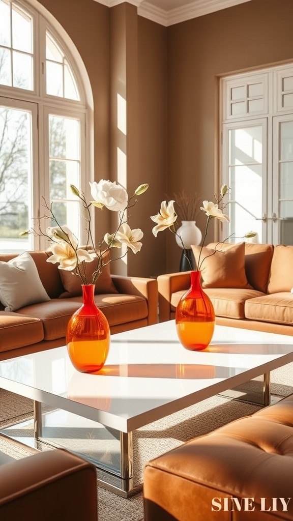 Vibrant Orange vases with Neutral Flowers