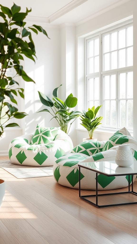 White Bean Bags with Green Patterns