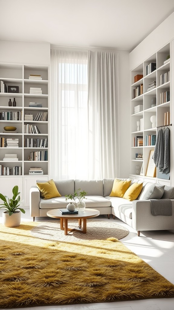 White Bookshelves with Olive Green Decor