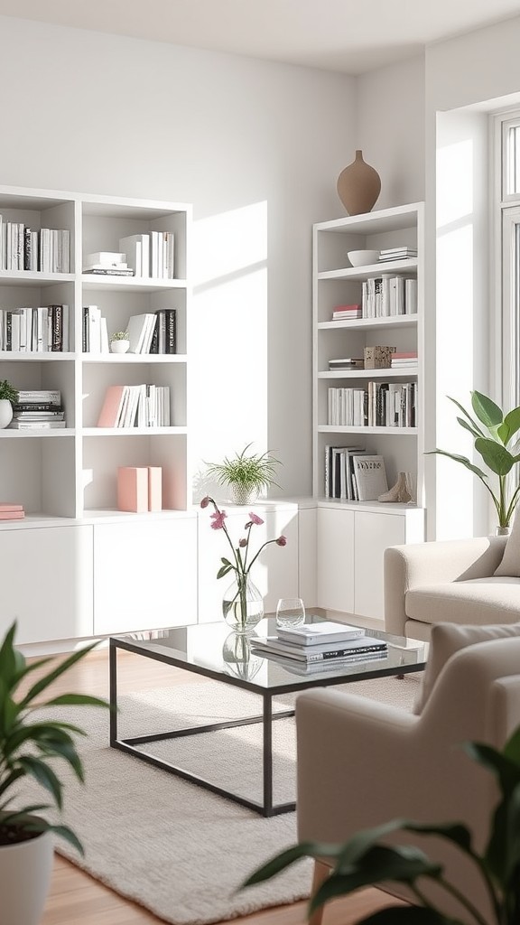 White Bookshelves with Pink Bookends