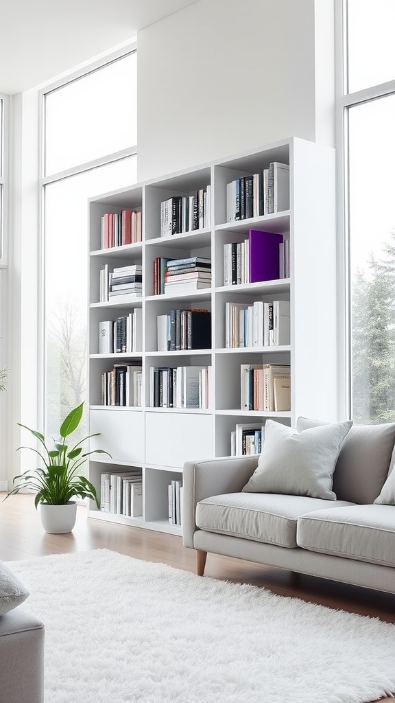 White Bookshelves with Purple Bookends