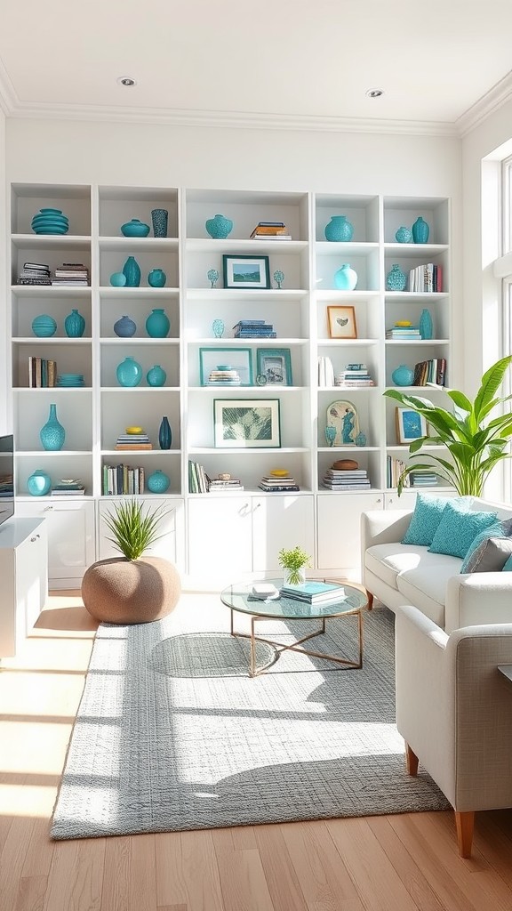 White Bookshelves with Turquoise Decor