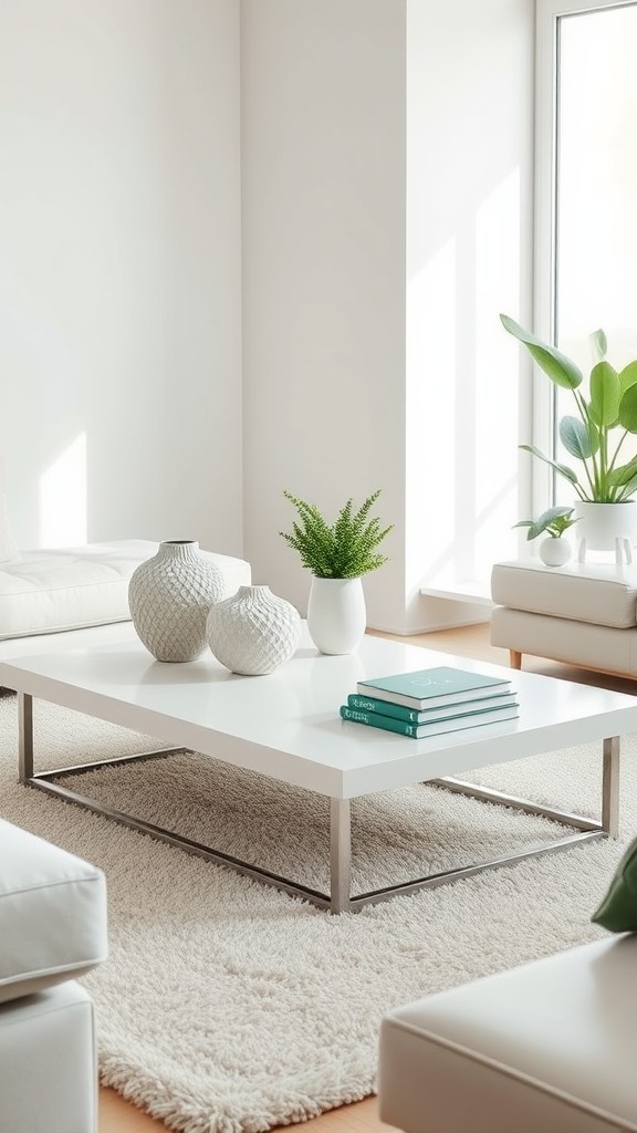 White Coffee Table with Green Decorative Items