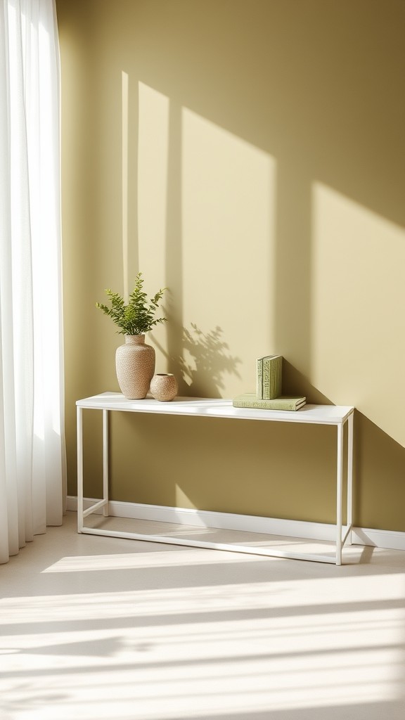 White Console Table with Olive Green Decor