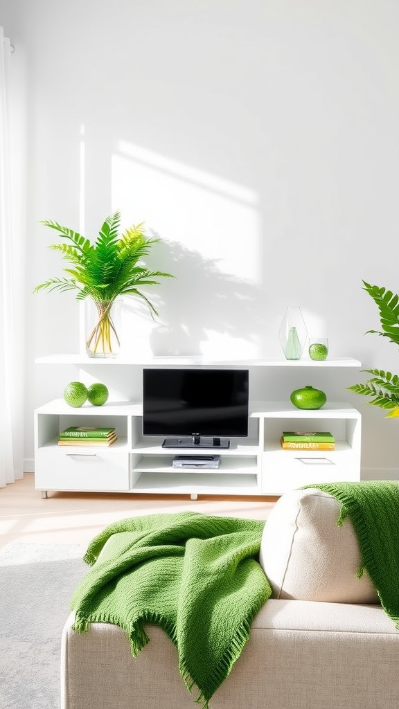 White Entertainment Center with Green Accessories