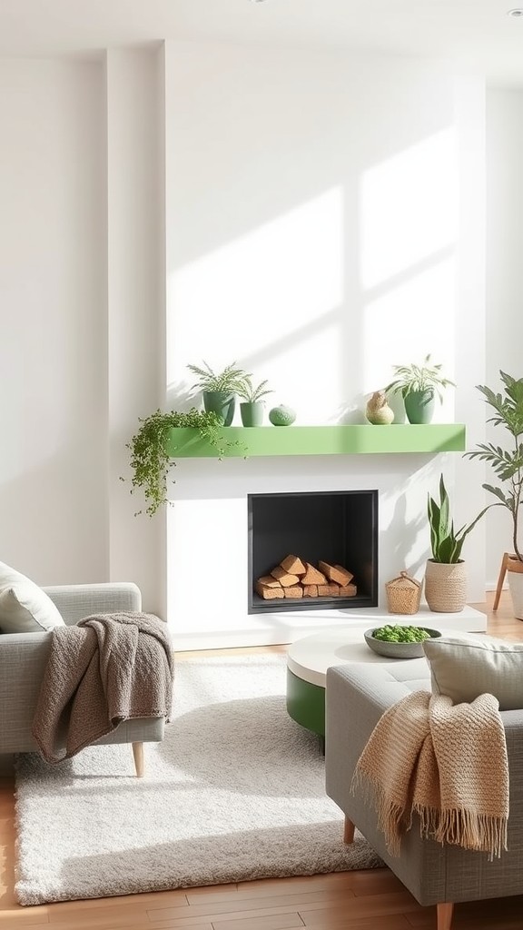 White Fireplace with Green Mantel Decor