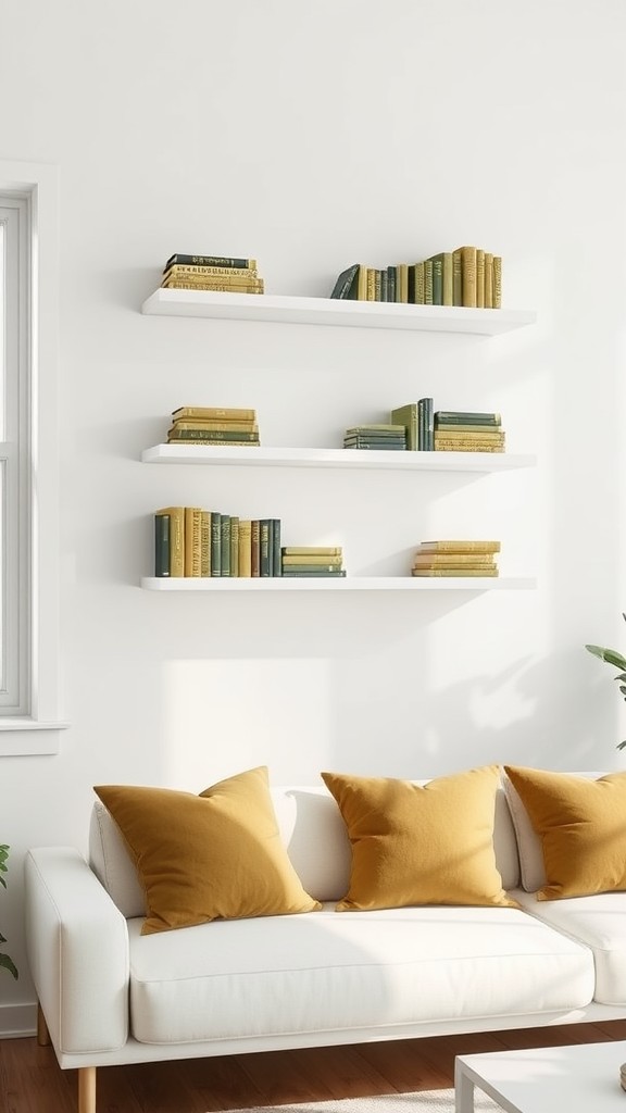 White Floating Shelves with Olive Green Books