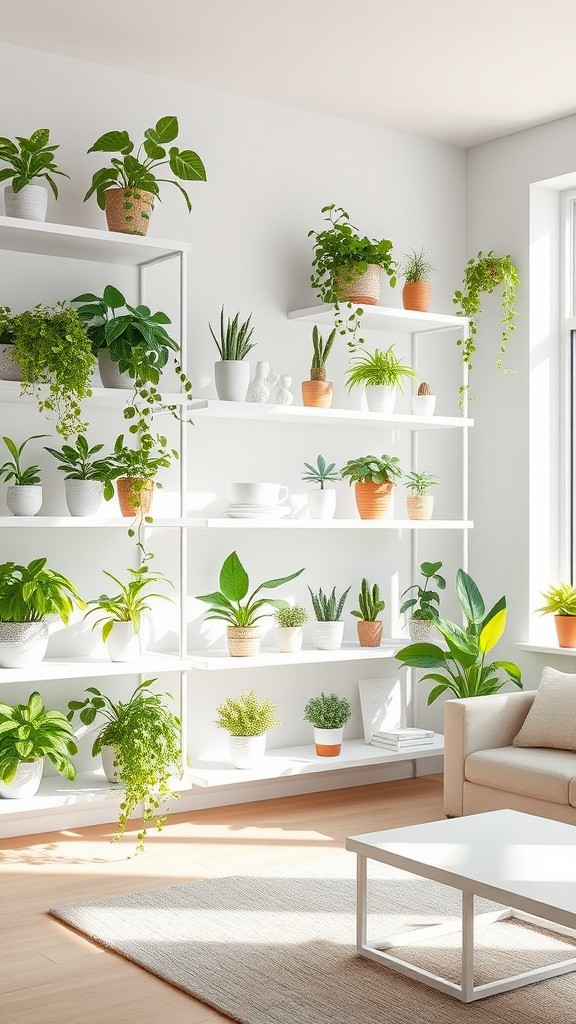 White Shelving Units with Potted Greenery