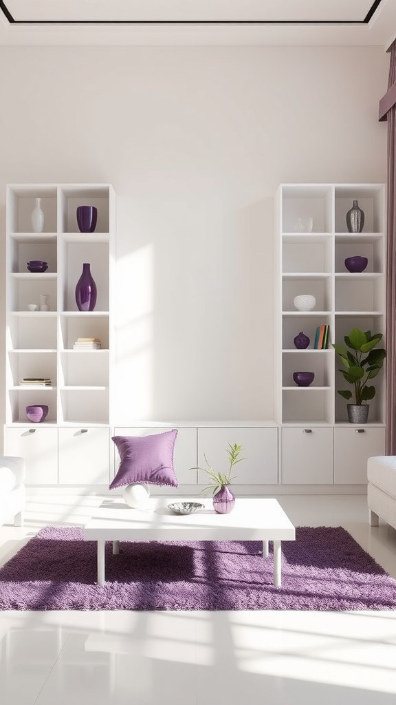 White Shelving Units with Purple Décor