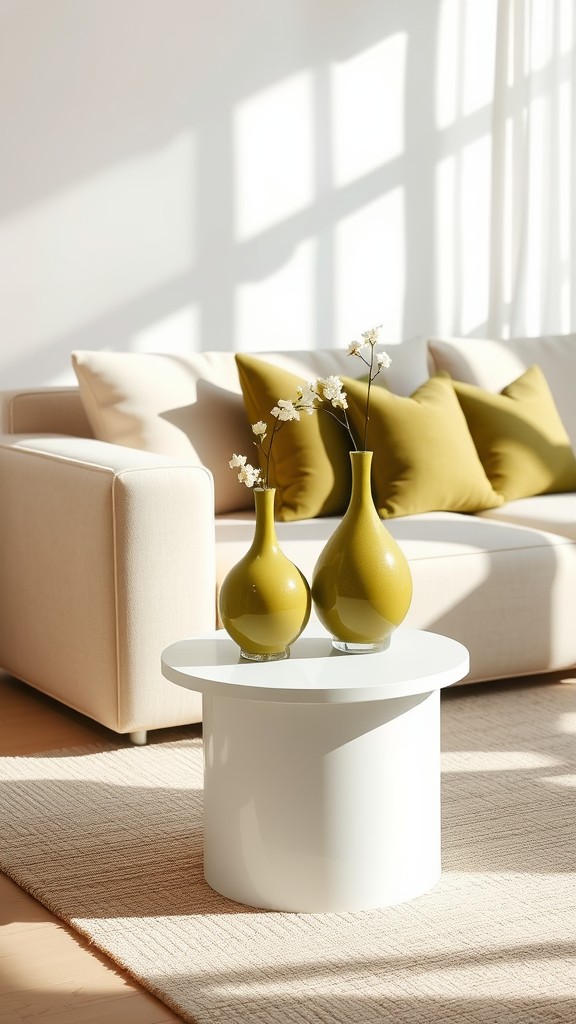 White Side Tables with Olive Green Vases