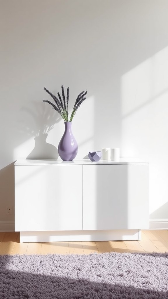 White Sideboards with Purple Decorative Items