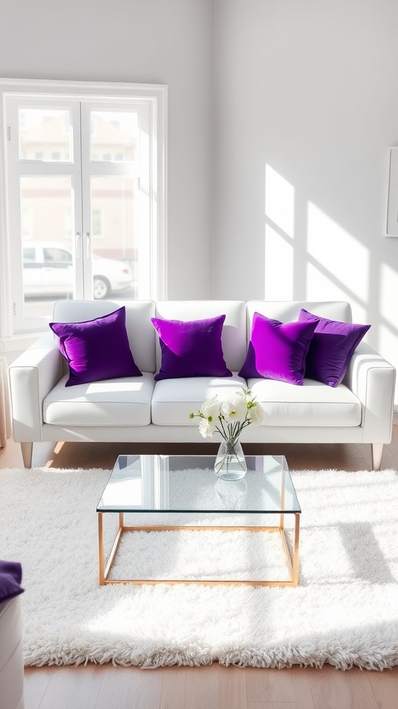 White Sofa with Purple Throw Pillows