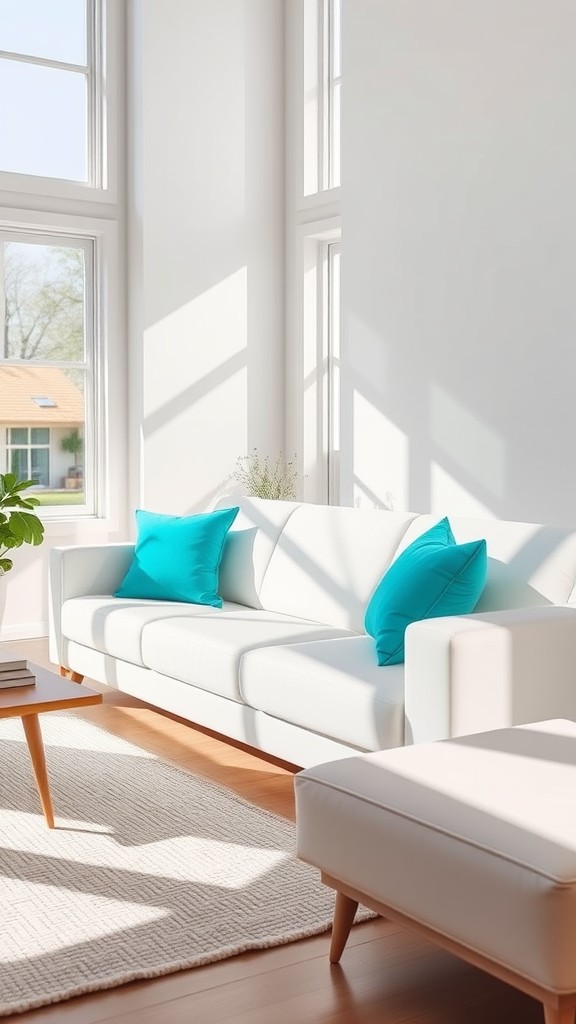 White Sofa with Turquoise Throw Pillows