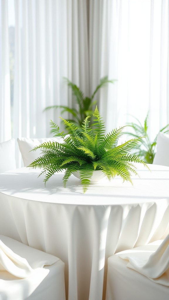 White Table Linens with Green Floral Centerpiece