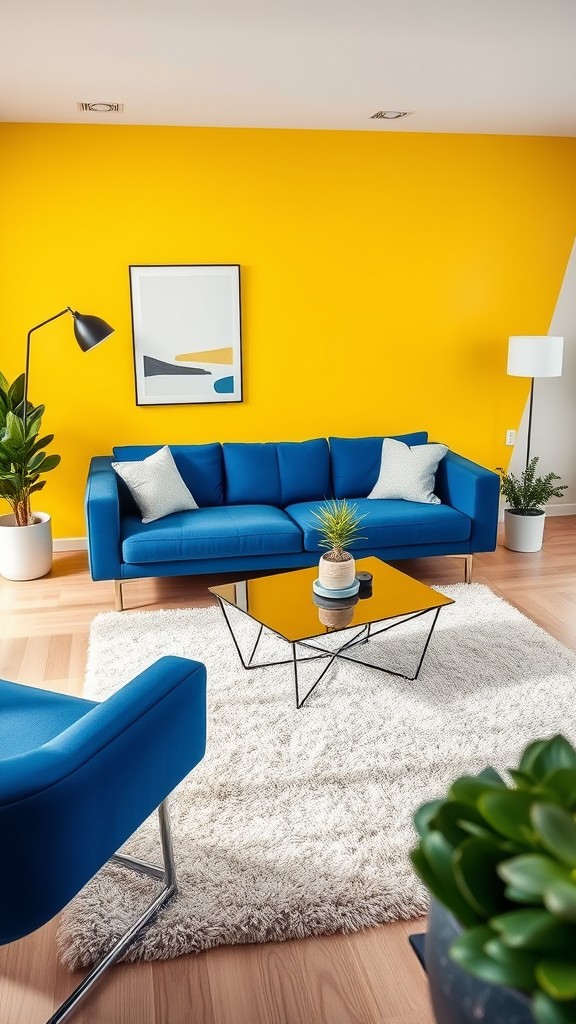 Yellow Accent Walls with Blue Furniture