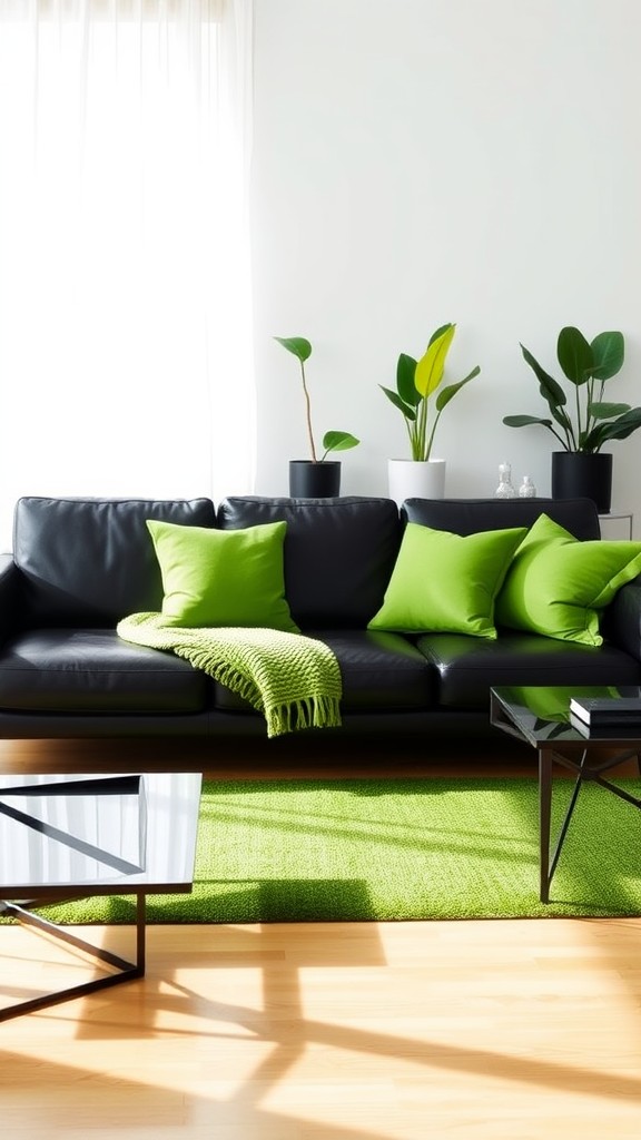 Black Leather Sofa with Green Accents