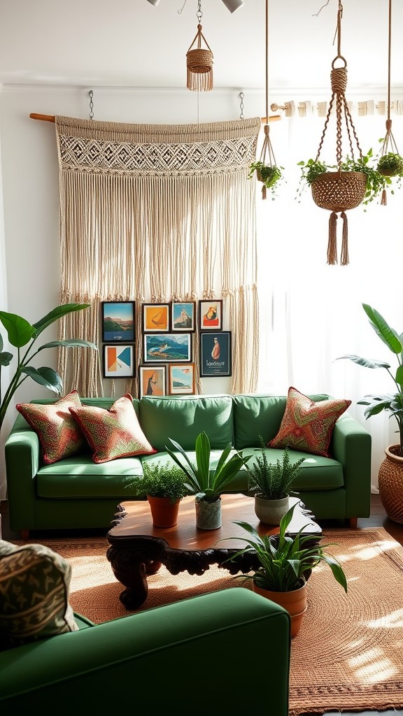 Bohemian Chic with Green Couch and Macramé Accents