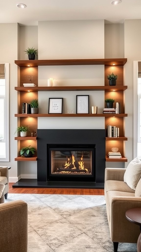 Built-In Floating Shelves Around a Fireplace