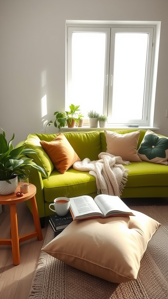 Cozy Reading Nook with a Green Couch