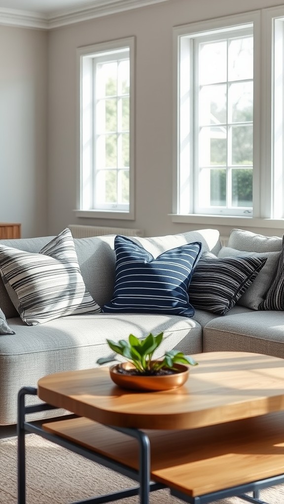 Gray and Navy Striped Throw Pillows