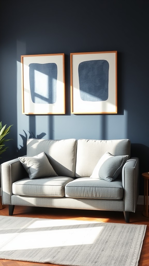 Gray Love Seat with Navy Wall Hangings