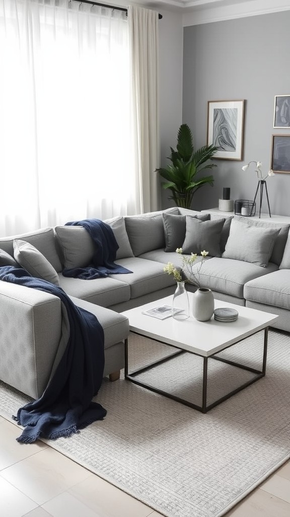 Gray Sectional with Navy Throw Blankets