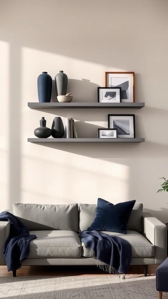 Gray Shelves Displaying Navy Accents