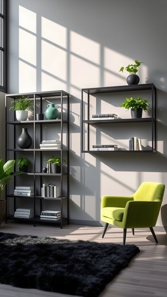 Minimalist Black and Green Shelving Units