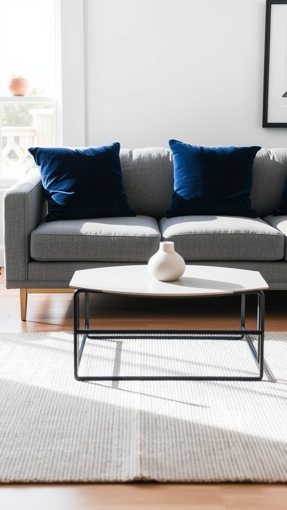 Modern Gray Sofa with Navy Accent Pillows