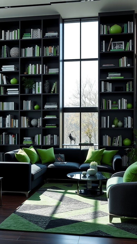 Monochrome Black and Green Bookshelves