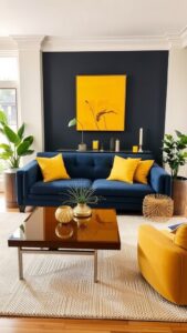 navy and yellow living room decor ideas