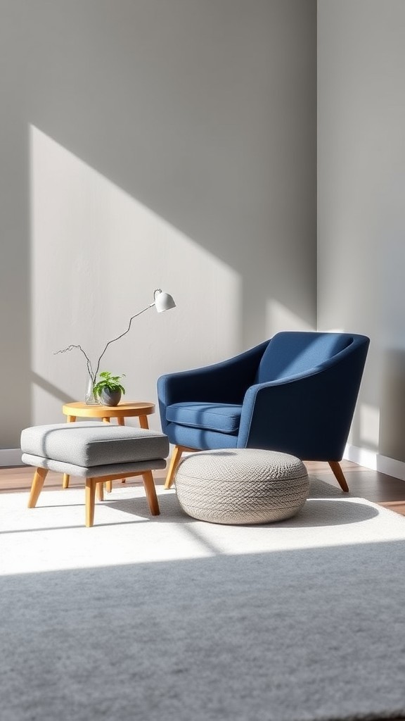 Navy Blue Armchair with Gray Ottoman