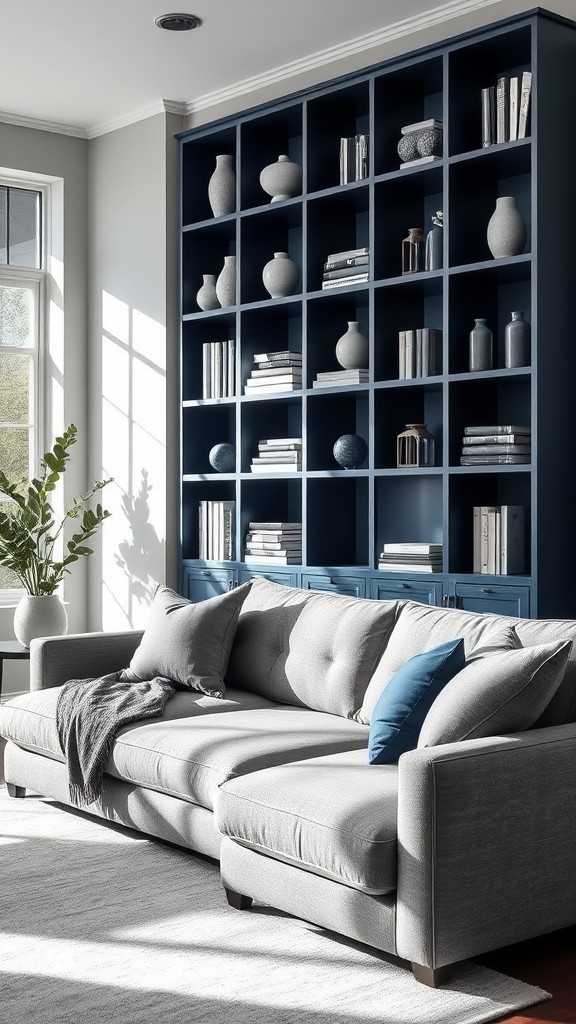 Navy Bookshelf with Gray Decor