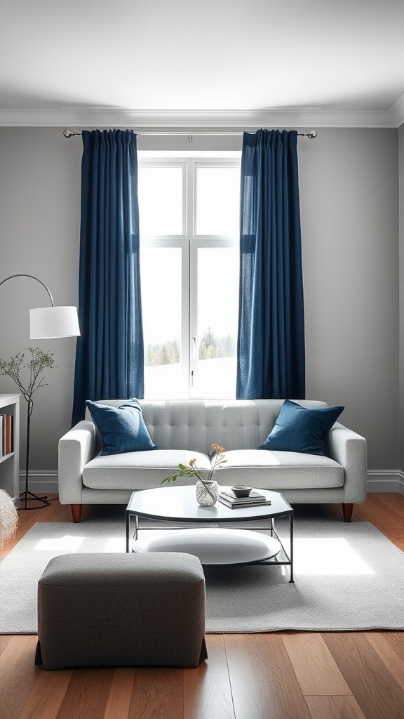 Navy Curtains Against Gray Walls