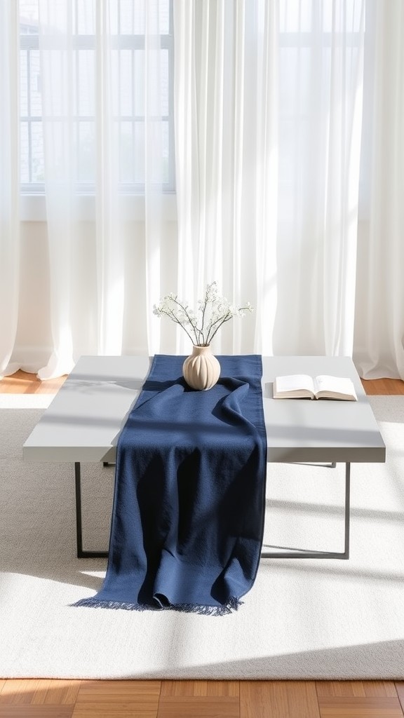 Navy Table Runner on Gray Coffee Table