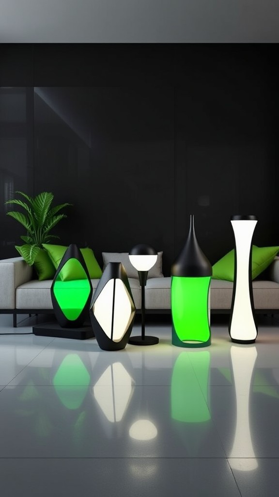 Uniquely Shaped Black and Green Lamps