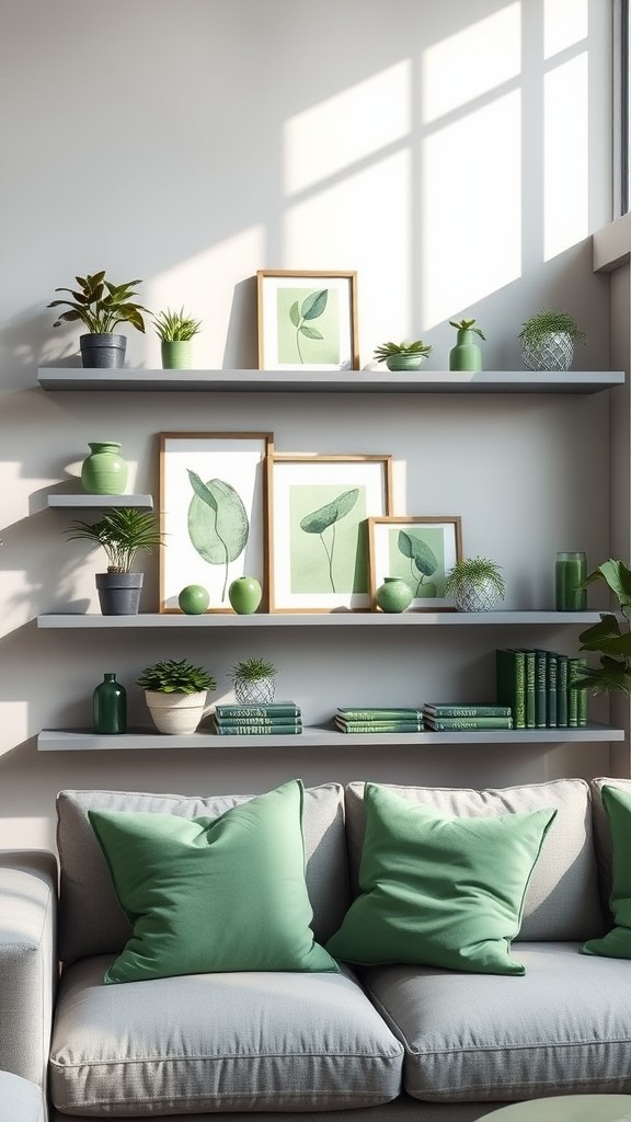 Use Gray Shelving with Green Decor Items